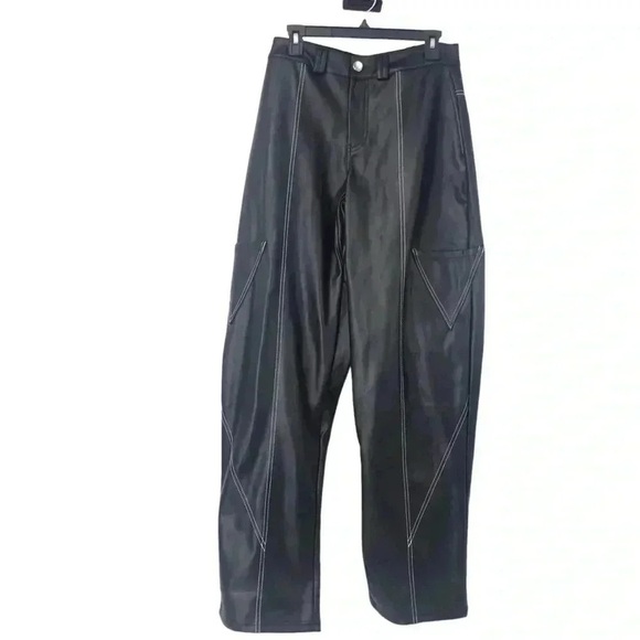Manière De Voir Pants Womens 8 Black Faux Leather Cargo Moto Y2K Streetwear - Picture 2 of 16